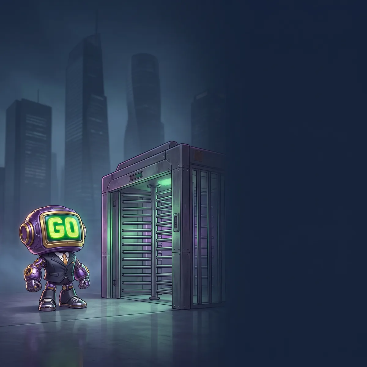 GO robot maskotu kapalı bir kapının önünde duruyor